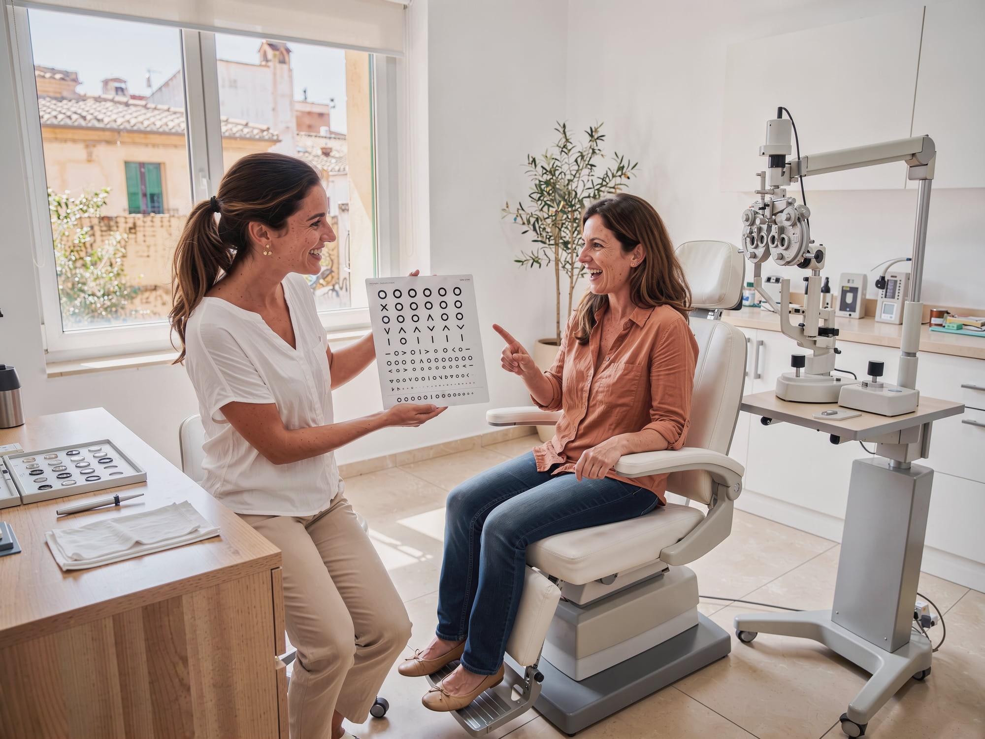 Optometrista con una paciente en la consulta