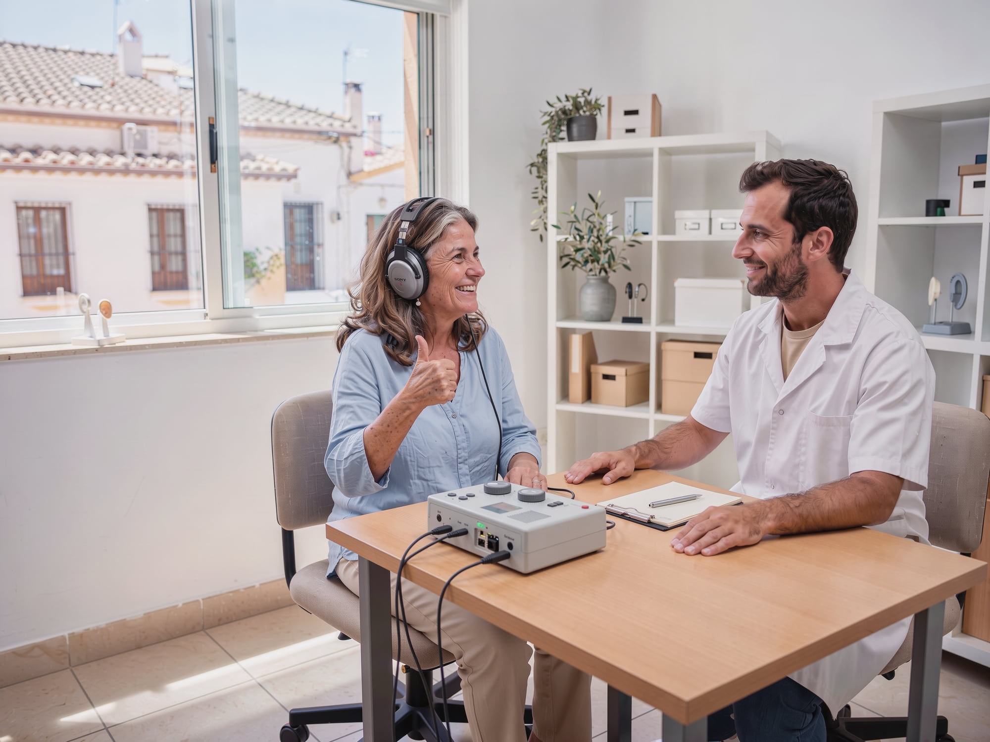 Mujer con auriculares durante una prueba de audición junto al audioprotesista
